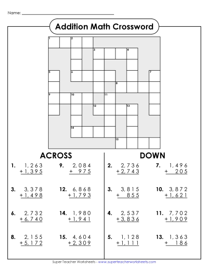 Addition - Addition Crossword (4-Digit)
