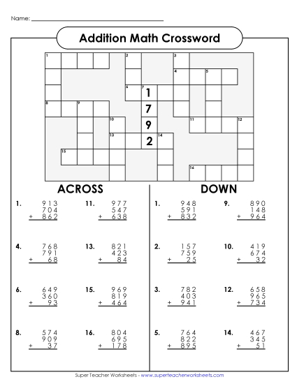 Addition - Addition Crossword (Column Addition) Addition - Addition Crossword (Column Addition)