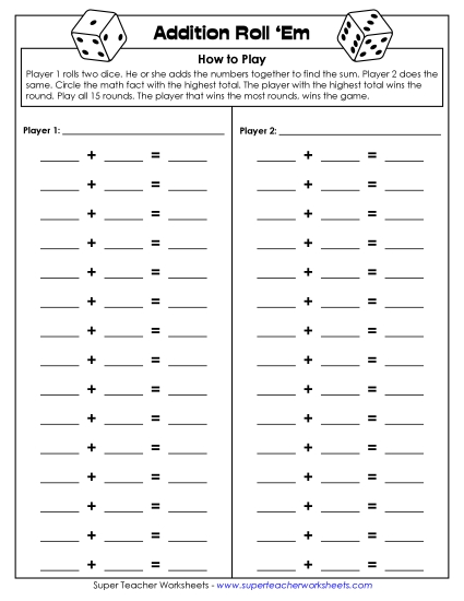 Addition Worksheets, Games, & Puzzles - Addition Dice Game (Two Players)