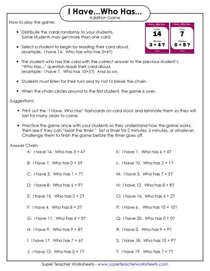 Addition Worksheets & Games - Addition Game: I Have / Who Has