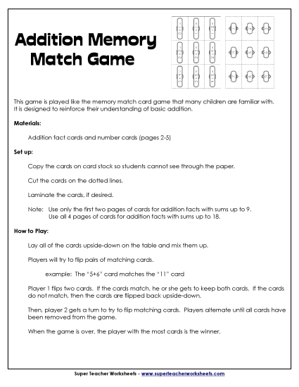 Addition Worksheets & Games - Addition Memory Match Game Addition Worksheets & Games - Addition Memory Match Game