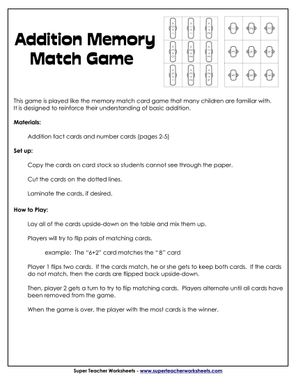 Addition Worksheets, Games, & Puzzles - Addition Memory Match Game Addition Worksheets, Games, & Puzzles - Addition Memory Match Game