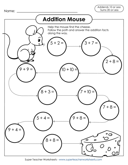 Addition Worksheets & Games - Addition Mouse (Addends to 10, Sums to 20) Addition Worksheets & Games - Addition Mouse (Addends to 10, Sums to 20)