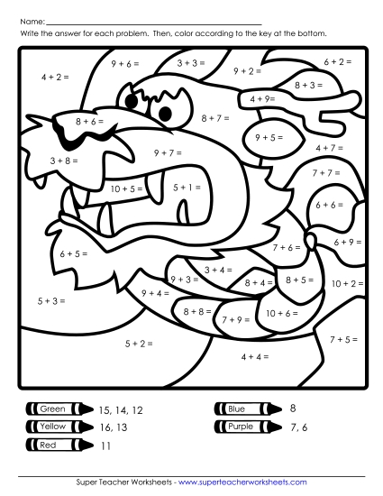 Math Mystery Pictures - Addition Mystery Picture: Dragon