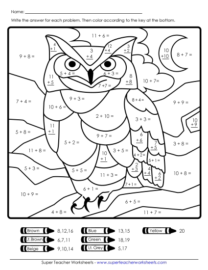 Addition Mystery Pictures - Addition Mystery Picture: Owl Addition Mystery Pictures - Addition Mystery Picture: Owl