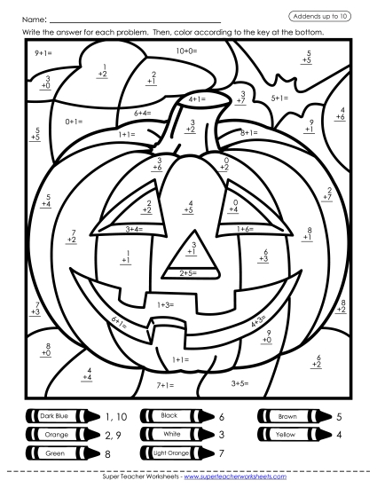 Addition - Addition Mystery Picture: Pumpkin (Basic Addition Facts)