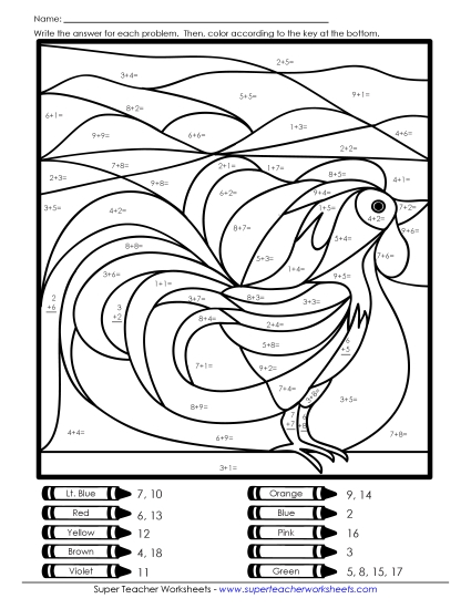 Addition Mystery Pictures - Addition Mystery Picture: Rooster