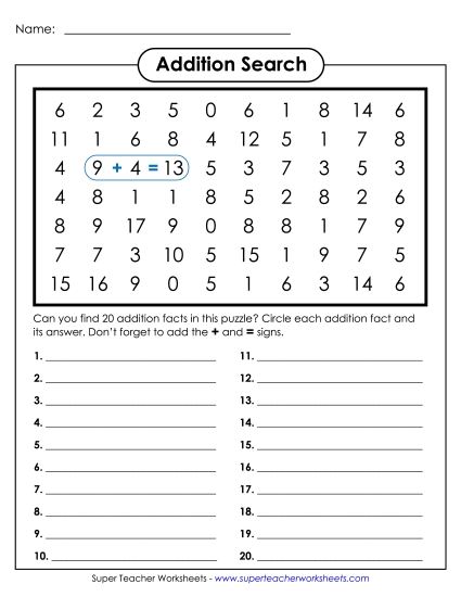 Addition Worksheets & Games - Addition Number Search Puzzle Addition Worksheets & Games - Addition Number Search Puzzle