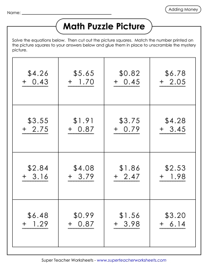 Adding Money - Addition Picture Puzzle: Hot Air Balloon Adding Money - Addition Picture Puzzle: Hot Air Balloon