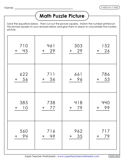 100 Days Math - Addition Puzzle Picture: 100th Day of School (3-Digit Plus 2-Digit) 100 Days Math - Addition Puzzle Picture: 100th Day of School (3-Digit Plus 2-Digit)
