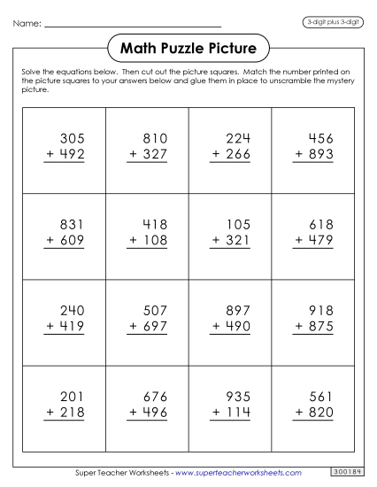 100 Days Math - Addition Puzzle Picture: 100th Day of School (3-Digit Plus 3-Digit) 100 Days Math - Addition Puzzle Picture: 100th Day of School (3-Digit Plus 3-Digit)