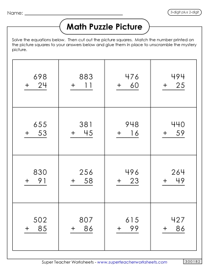 Valentine Addition - Addition Puzzle Picture: Valentine's Day (3-Digit Plus 2-Digit)