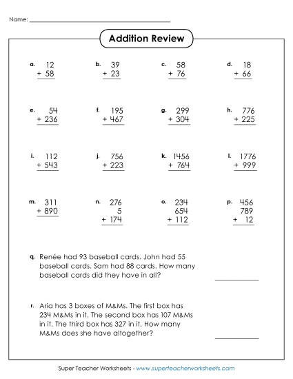 Addition (3-Digit Addends) - Addition Review Worksheet Addition (3-Digit Addends) - Addition Review Worksheet