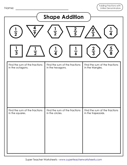 Adding Fractions: Different Denominators - Addition Shapes (Fractions; Unlike Denominators)