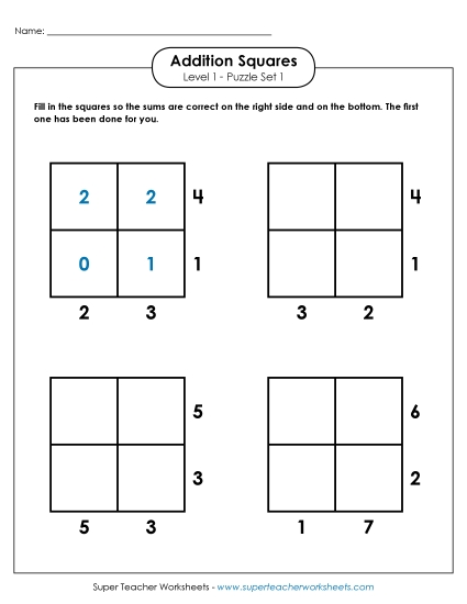 Level 1 (Easy) - Addition Squares: Level 1, Set 1