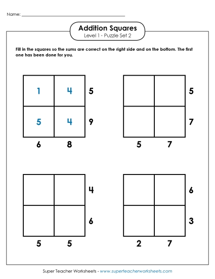 Level 1 (Easy) - Addition Squares: Level 1, Set 2