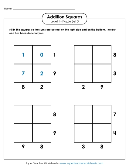 Level 1 (Easy) - Addition Squares: Level 1, Set 3