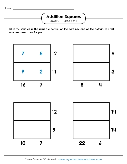 Level 2 (Intermediate) - Addition Squares: Level 2, Set 1