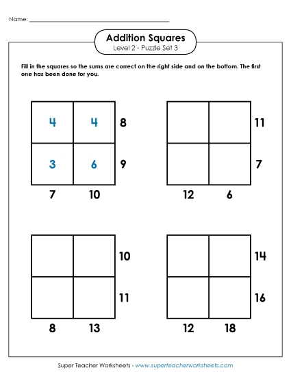 Level 2 (Intermediate) - Addition Squares: Level 2, Set 3
