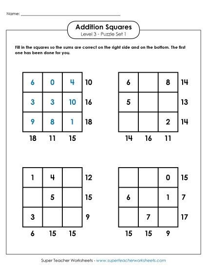 Level 3 (Challenging) - Addition Squares: Level 3, Set 1