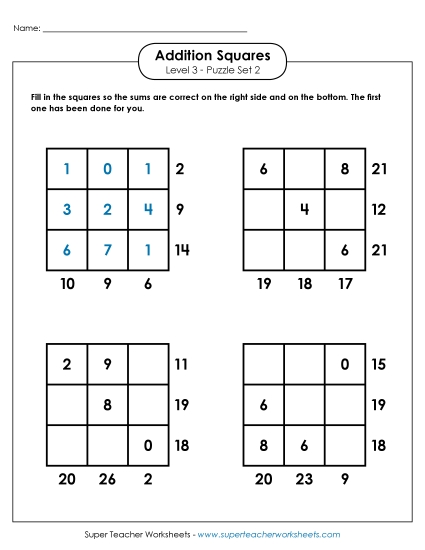 Level 3 (Challenging) - Addition Squares: Level 3, Set 2 Level 3 (Challenging) - Addition Squares: Level 3, Set 2
