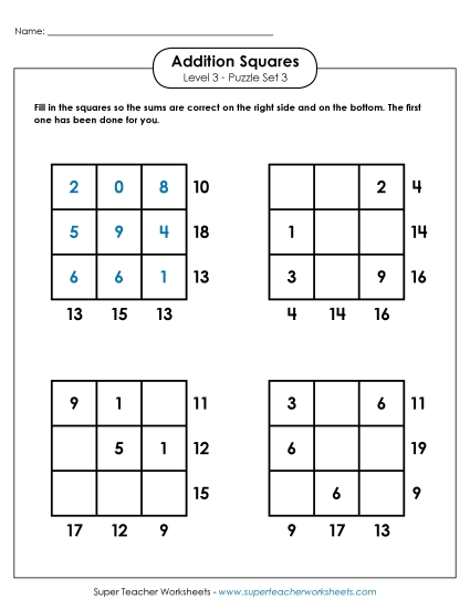Level 3 (Challenging) - Addition Squares: Level 3, Set 3 Level 3 (Challenging) - Addition Squares: Level 3, Set 3