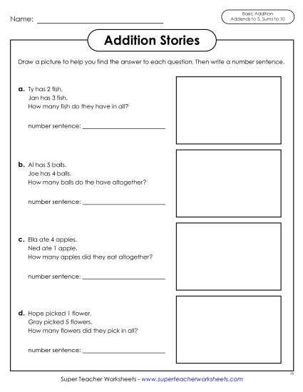 Addition Worksheets, Games, & Puzzles - Addition Stories Word Problems: Sums to 10 Addition Worksheets, Games, & Puzzles - Addition Stories Word Problems: Sums to 10