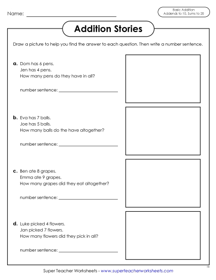 Addition Worksheets & Games - Addition Stories Word Problems w/ Sums to 20 Addition Worksheets & Games - Addition Stories Word Problems w/ Sums to 20