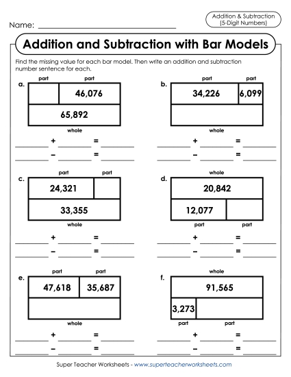 Addition and Subtraction Mixed - Addition-Subtraction Bar Models (5-Digit)