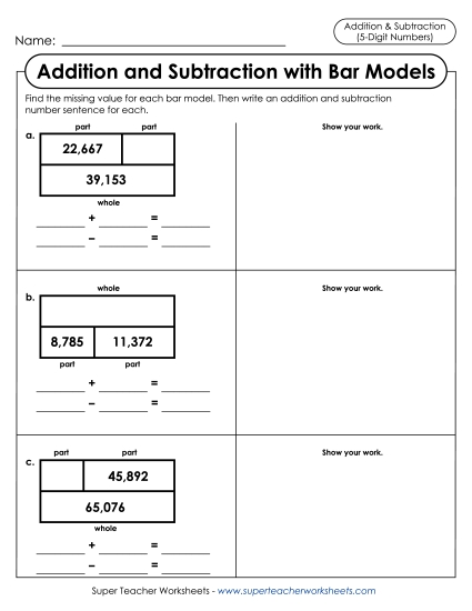 Addition and Subtraction Mixed - Addition-Subtraction Bar Models With Work Space (5-Digit)