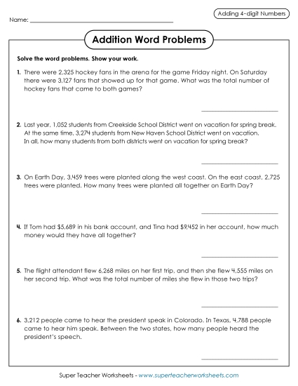 4-Digit Addition - Addition Word Problems: 4-Digit Addends 4-Digit Addition - Addition Word Problems: 4-Digit Addends
