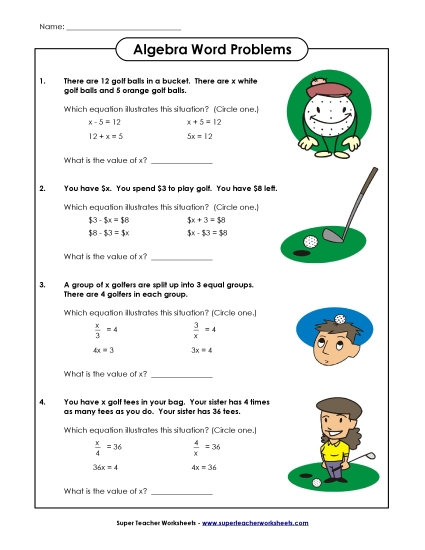Addition, Subtraction, Multiplication & Division - Algebraic Equation Word Problems