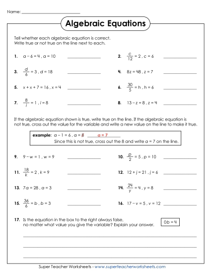Addition, Subtraction, Multiplication & Division - Algebraic Equations: True or Not True?