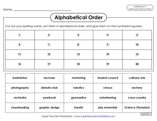 Alphabetical Order - Alphabetical Order: Cut-Glue (Extracurriculars)