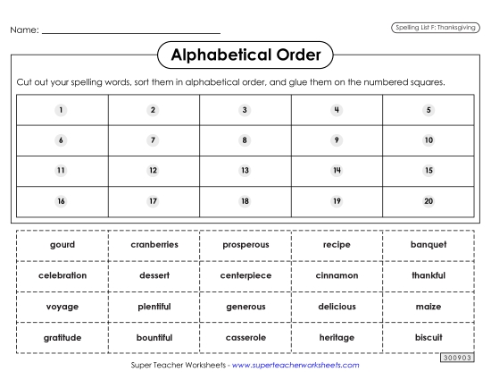 Alphabetical Order - Alphabetical Order: Cut-Glue (Thanksgiving)