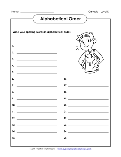 ABC Order - Alphabetical Order List (D-Canada Words) 