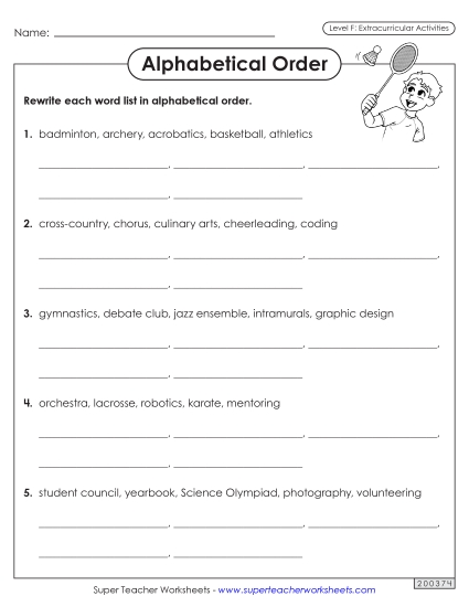 Alphabetical Order - Alphabetical Order Worksheet (Extracurriculars) Alphabetical Order - Alphabetical Order Worksheet (Extracurriculars)