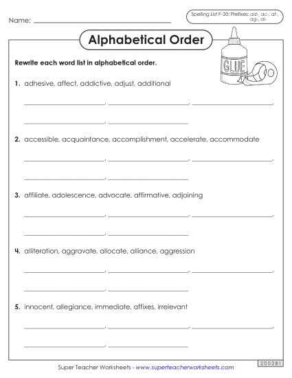 Alphabetical Order - Alphabetical Order Worksheet (F-20)