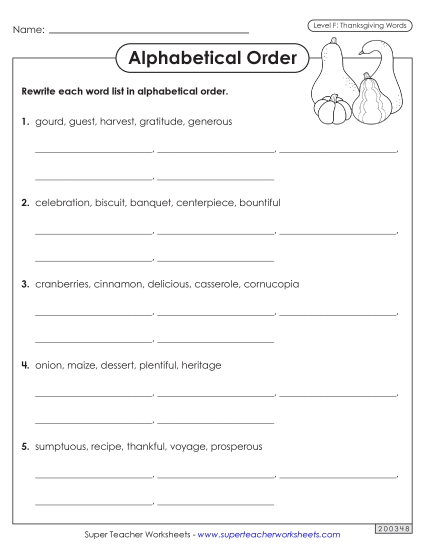 Alphabetical Order - Alphabetical Order Worksheet (Thanksgiving)