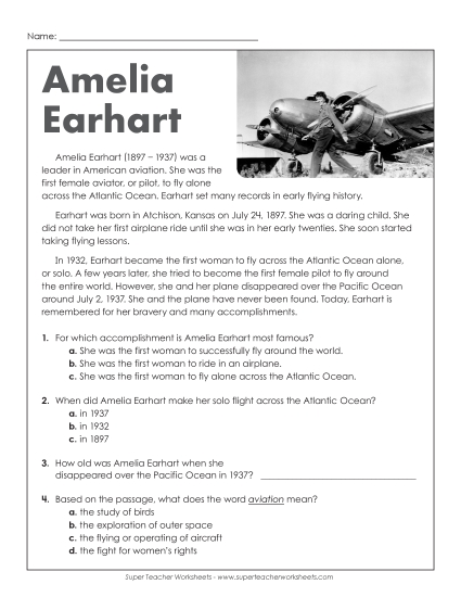 Reading Comprehension Articles - Amelia Earhart (Short Passage)