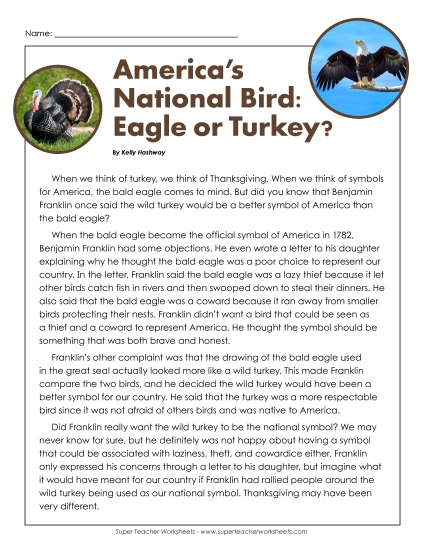 Thanksgiving Reading Comprehension - America’s National Bird: Eagle or Turkey? (Non-Fiction) Thanksgiving Reading Comprehension - America’s National Bird: Eagle or Turkey? (Non-Fiction)