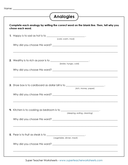 Analogies Worksheet Analogies Worksheet