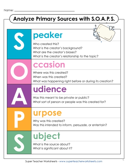 Primary Sources - Analyze Primary Sources with S.O.A.P.S Anchor Chart (Printable PDF Worksheet)