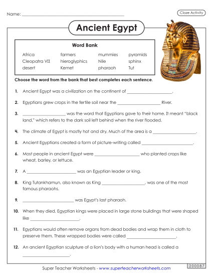 Worksheets - Ancient Egypt Cloze Activity