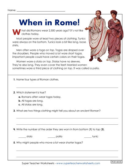 Reading Comprehension - Ancient Roman Clothing (Short Reading Comp)