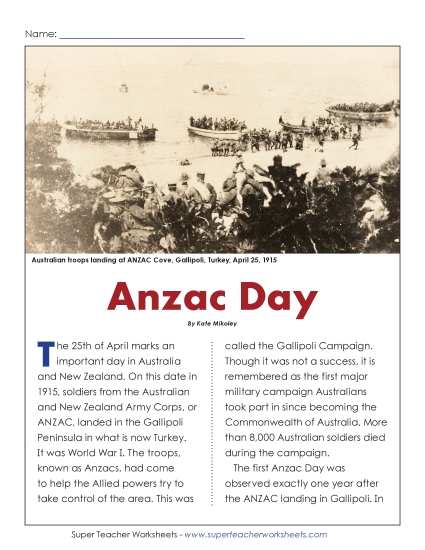 Nonfiction Articles  - Anzac Day (Article & Questions) (Printable PDF Worksheet)