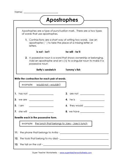 Apostrophes - Apostrophe Worksheet
