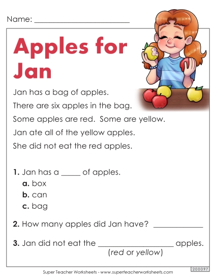 Passages with Basic Reading Comprehension Questions - Apples for Jan