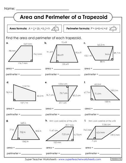 Level: Advanced Includes Decimals & Fractions - Area & Perimeter of Trapezoids (Advanced)