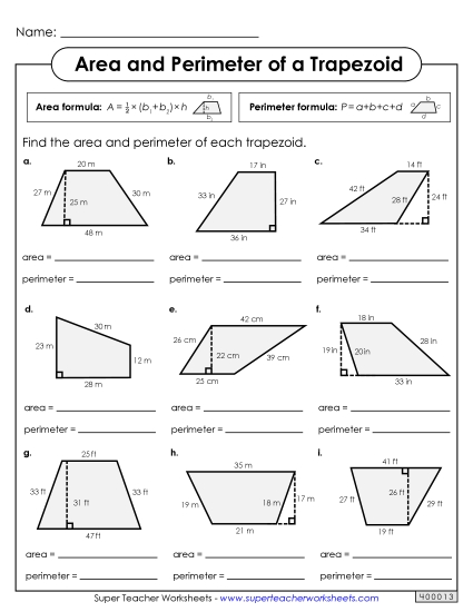 Level: Intermediate 2-Digit Measurements - Area & Perimeter of Trapezoids (Intermediate)